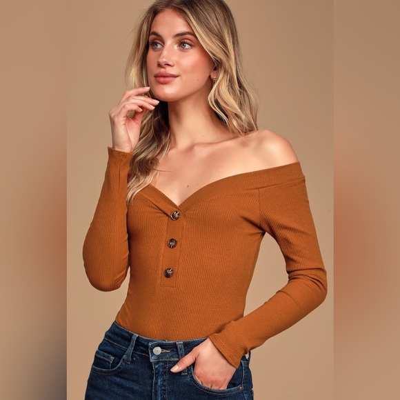 Lulus Tops - LULUS - Rust Brown Ribbed Long Sleeve Off-the-Shoulder Bodysuit - size small
